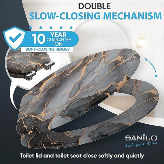 SANILO Wooden Toilet Seat with Soft Close [ELONGATED] - Decorative, Quiet & Slow Close Molded Wood Seat - With Strong Bumpers & Hinges - Adjustable Fit - Marble Abstract - ModernBath