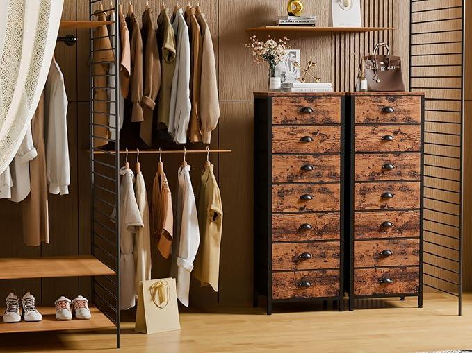 Furnulem Bedroom Dresser with 7 Drawers,Tall Industrial Fabric Chest of Drawers, Vertical Storage Tower Bedside Furniture in Living Room,Closet,Entryway-Sturdy Steel Frame(Rustic Brown) - ModernBath