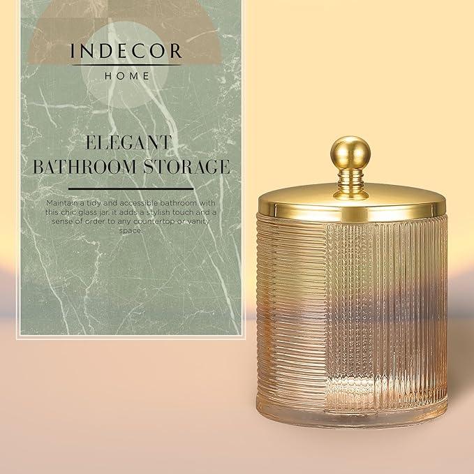 Indecor Home Tan Colored Tranlucent Apothecary Ribbed Geometric Etched Glass Jar W/Gold Metal Lid Cover for Bathroom Organization, Cotton Balls, Q Tips, and Small Accessories, Bathroom Storage - ModernBath