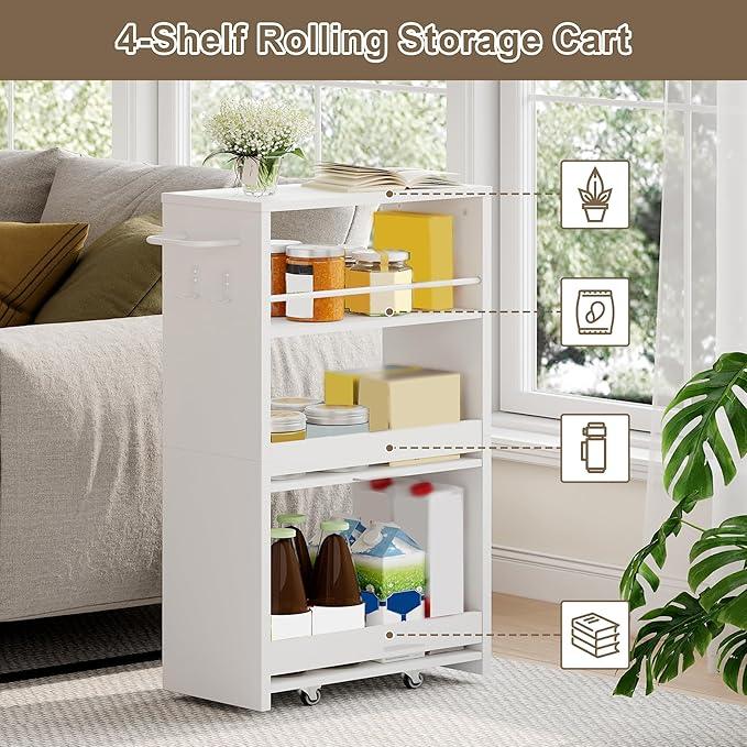 ChooChoo 4-Tier Slim Storage Cart with Handle, 7.87" W Rolling Utility Cart on Universal Wheels, Kitchen Cart Mobile Shelving Organization for Laundry Room, Bathroom & Narrow Places, White - ModernBath