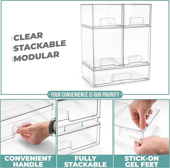 Sorbus Acrylic Storage Containers - 5 Pack, Stackable Storage Bins Set for Bathroom Organization - Clear Acrylic Drawer Organizers - Makeup Case Pull-Out Drawers (7.6’’ and 4.4’’ Tall and 12.1’’ Wide) - ModernBath