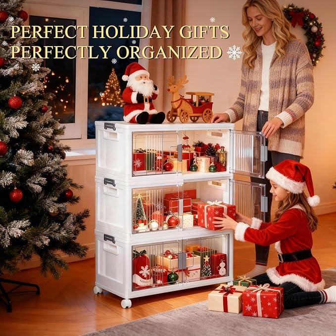 OlarHike 76QT Lockable Storage Bins with Lids - Folding Storage box with Doors and Wheels, Collapsible Plastic Bins for Closets, Stackable Organizer and Containers, Christmas Gifts, 3 Pack Cubes - ModernBath