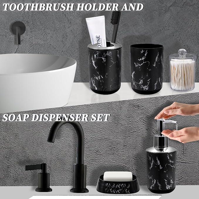 XLHOMO Black Marble Bathroom Accessories Set, Black Bathroom Set with Trash Can, Vanity Tray, Soap Dispenser, Soap Dish, Toothbrush Holder, Toothbrush Cup, Toilet Brush and Qtip Holders for Bathroom - ModernBath