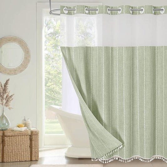 MitoVilla No Hooks Needed Farmhouse Shower Curtain with Snap-in Liner - with Window & Magnets, Boho Cotton Linen Fabric Shower Curtains with Tassels for Rustic Bathroom Decor, Sage Green, 72 x 74 - ModernBath