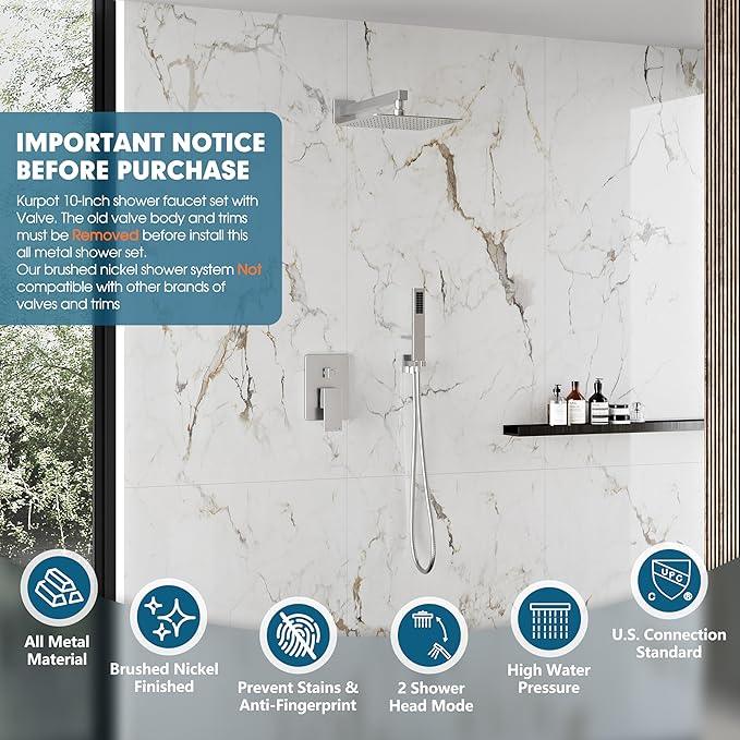 Kurpot Shower System, 10'' High Pressure Brushed Nickel Shower Head with Handheld Spray Combo, Included 59'' Shower Hose, Shower Trim Kit and 2-IN-1 Diverter, Bathroom Shower Faucet Set with Valve - ModernBath