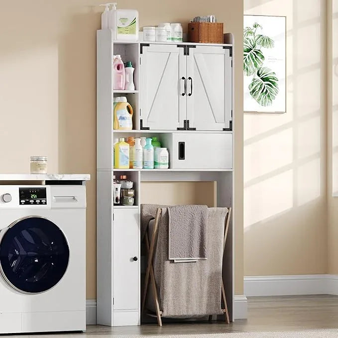 ChooChoo Over The Toilet Storage Cabinet, Farmhouse Bathroom Shelf Over Toilet with Adjustable Shelves, Above Toilet Storage Cabinet with Sliding Door for Bathroom, Laundry Room, Antique White - ModernBath