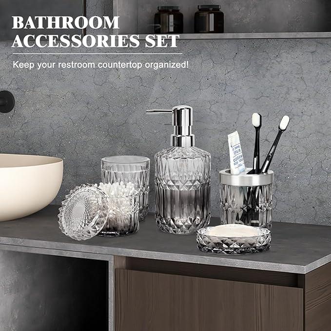 Ulable Bathroom Accessories Set, 5Pcs Bathroom Soap Dispenser Set, Glass Bathroom Accessories with Glass Soap Dispenser, Soap Dish, Toothbrush Holder, Tumbler, Cotton Swab Jar (Gradient Clear & Black) - ModernBath