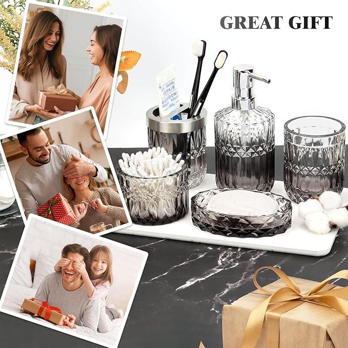 Ulable Bathroom Accessories Set, 5Pcs Bathroom Soap Dispenser Set, Glass Bathroom Accessories with Glass Soap Dispenser, Soap Dish, Toothbrush Holder, Tumbler, Cotton Swab Jar (Gradient Clear & Black) - ModernBath