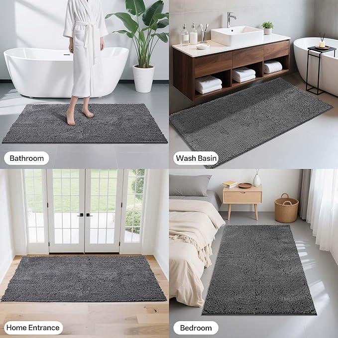 Cybstrax Bath Rug Mat,Extra-Soft Absorbent Chenille Bathroom Mats, 72" x 24" Non-Slip Rubber Backing, Large Washable Bath Mat for Bathroom Floor, Home Decor Accessories, Grey - ModernBath