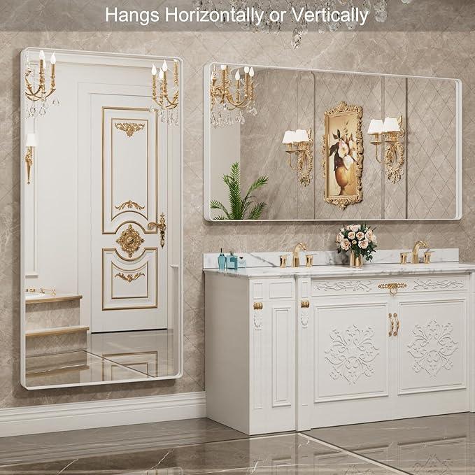 LOAAO 72x36 Inch White Metal Framed Bathroom Mirror for Wall, White Bathroom Vanity Mirror Farmhouse, Large Rounded Rectangle Mirror, Anti-Rust, Tempered Glass, Hangs Horizontally or Vertically - ModernBath