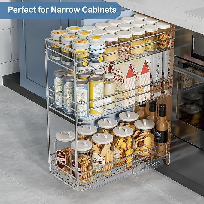 ROOMTEC Pull Out Spice Rack for Narrow Cabinet (5½" W X 20½" D),3 Tier Slide Out Cabinet Organizer and Pull Out Shelves Under Cabinet Storage for Kitchen, Chrome - ModernBath