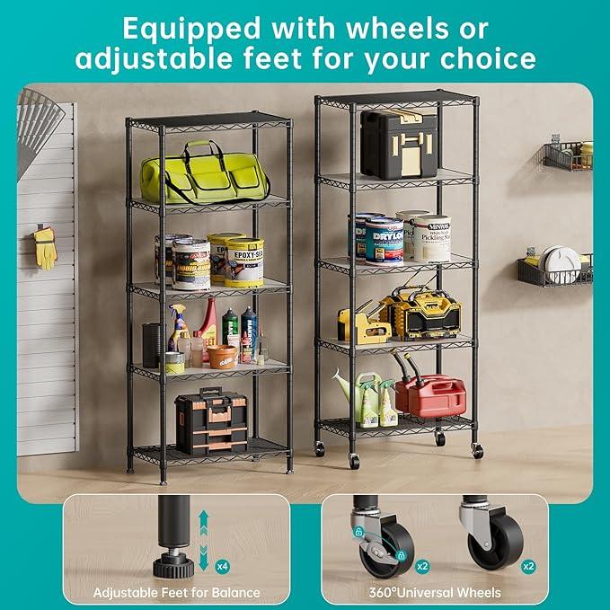 SINGAYE 5 Shelves Storage Shelf Wire Closet Bathroom Organizers Metal Pantry Kitchen Garage Shelving Unit Laundry Room Organization Home Rack Net Basket Black with Wheels - ModernBath