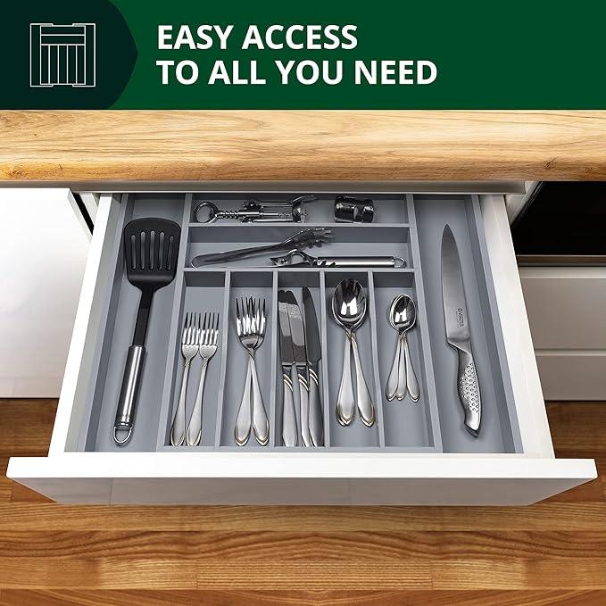 ROYAL CRAFT WOOD Luxury Bamboo Kitchen Drawer Organizer - Silverware Organizer - Utensil Holder and Cutlery Tray with Grooved Drawer Dividers for Flatware and Kitchen Utensils (9 Slot, Gray) - ModernBath