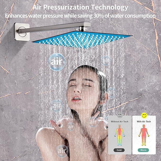 RTTWYYUU Brushed Nickel Rainfall Shower Head, Wall Mounted 8 Inch Shower Heads with Handheld Spray Combo, Luxury Bathroom Square Rain Shower System, Solid Brass Pressure Balancd Shower Faucet Valve - ModernBath