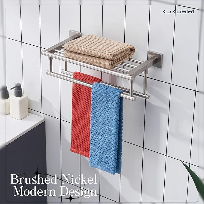 KOKOSIRI Towel Shelf with Double Towel Bars 16 Inches Bathroom Towel Rack Towel Holder Wall Mounted Stainless Steel, Brushed Nickel, B6005BR-L16 - ModernBath