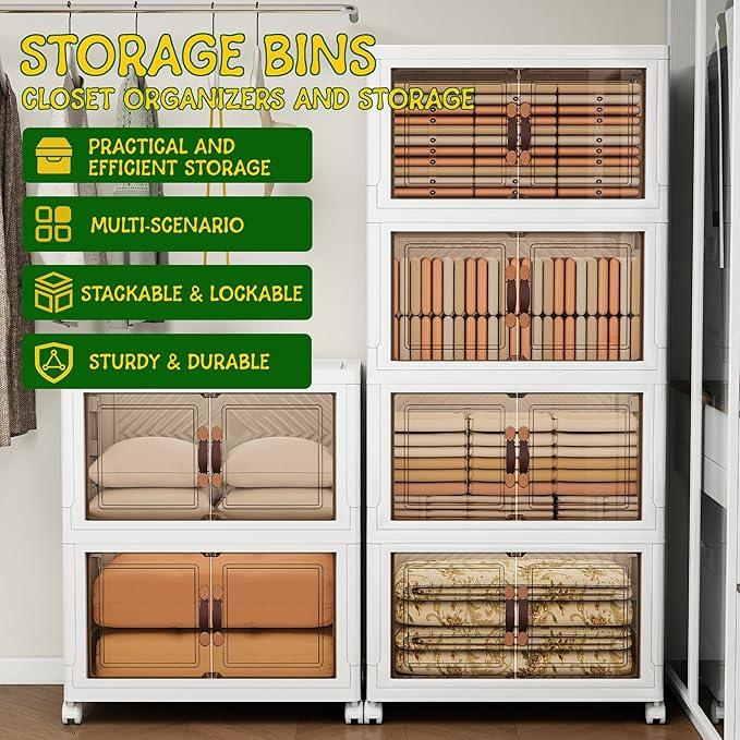 Storage Bins with Lids and Wheels, 660QT-165QT*4Tier Collapsible Bathroom Storage Cabinet with Clear Doors, Plastic Stackable Closet Organizers and Containers White - ModernBath