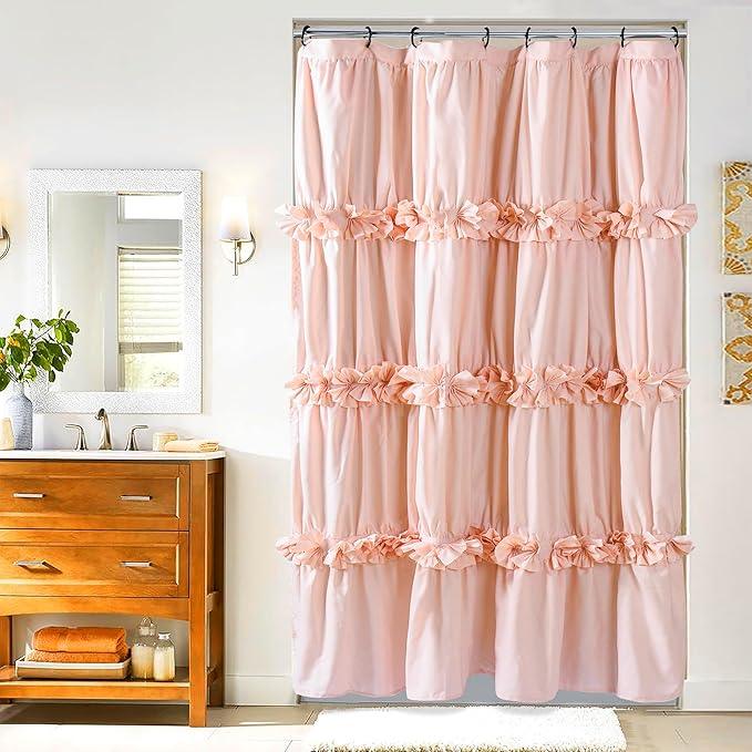 Homechoice Decor Peach Pink Ruffle Shower Curtain, Vintage Handcrafted Bow Tie Bath Curtain for Master Bathroom, Ruched Microfiber Bathroom Curtain with 8 Buttonholes, 48" W x 72" H (LQ-10) - ModernBath