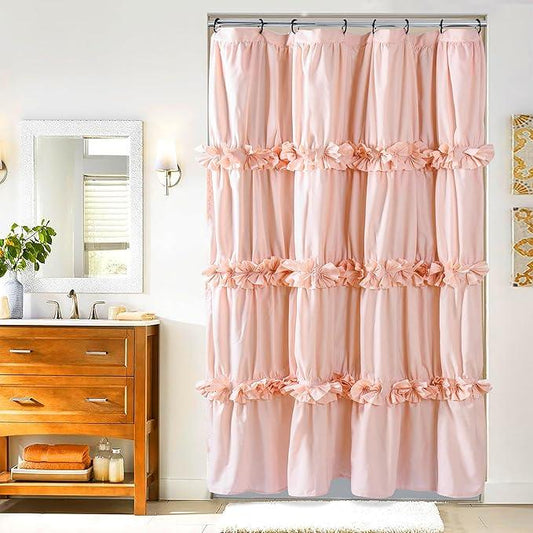 Homechoice Decor Peach Pink Ruffle Shower Curtain, Vintage Handcrafted Bow Tie Bath Curtain for Master Bathroom, Ruched Microfiber Bathroom Curtain with 8 Buttonholes, 48" W x 72" H (LQ-10) - ModernBath