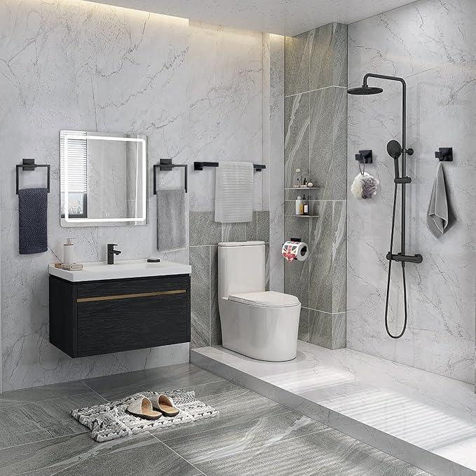 TQKAG 6-Piece Bathroom Towel Bar Sets Matte Black 23.6 inch Towel Bar Stainless Steel Towel Ring Coat Hook and Toilet Paper Holder Bathroom Hardware Set Wall Mounted Bathroom Accessories Kit - ModernBath