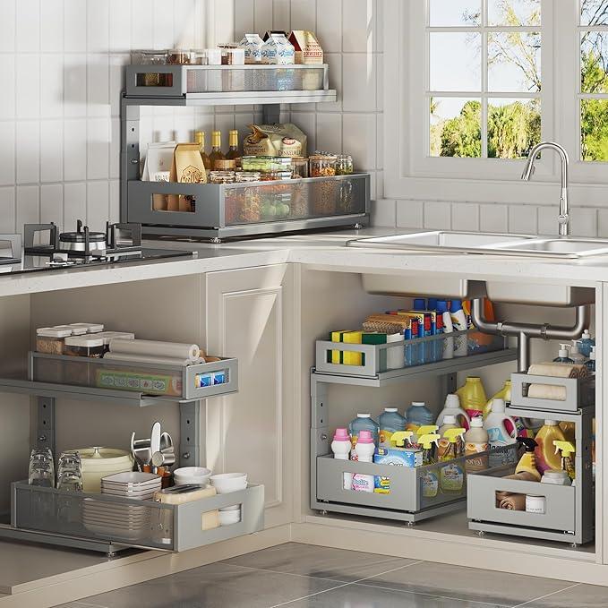 2 Pack 18.5IN-Depth Under Sink Organizer With Next-Gen Ball-Bearing Slides,2-Tier Pull Out Cabinet Storage,Height Adjustable Drawer Shelf for Bathroom,Kitchen,Laundry,Cabinet,Pantry-Gun Gray - ModernBath
