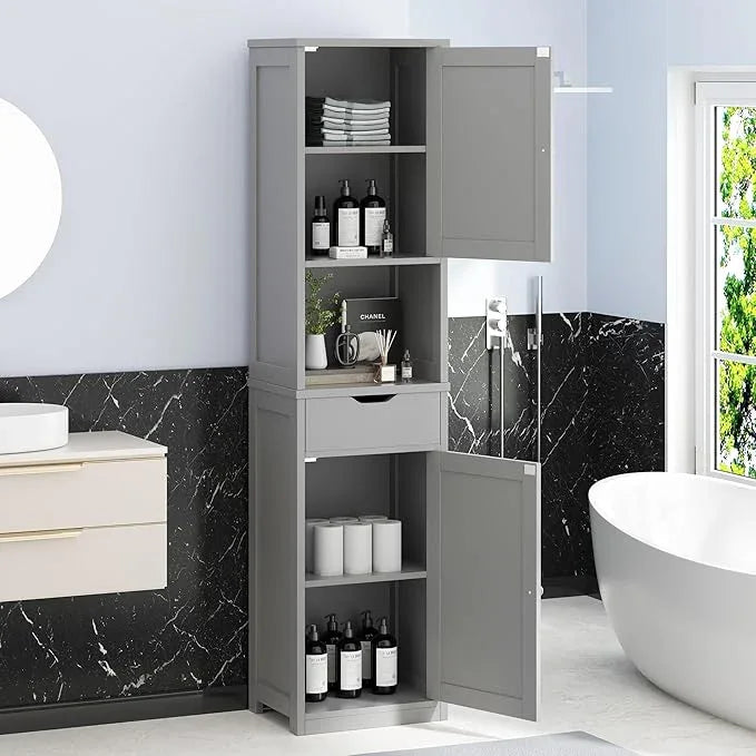 Vongrasig Tall Bathroom Storage Cabinet, 64”H Narrow Storage Unit for Small Spaces, Freestanding Modern Cabinet with Adjustable Shelves for Bathroom, Living Room, Kitchen, Grey - ModernBath