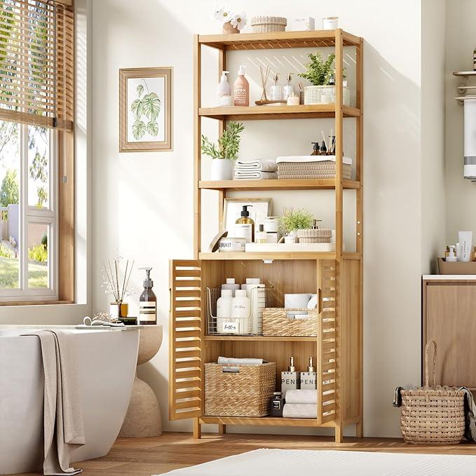 HIFIT Tall Bathroom Storage Cabinet, 66" Bamboo Narrow Bathroom Floor Cabinet with 2 Door & 4-Tier Open Shelves, Corner Tall Cabinets Freestanding Organizer Unit for Bath, Living Room, Entryway,Nature - ModernBath