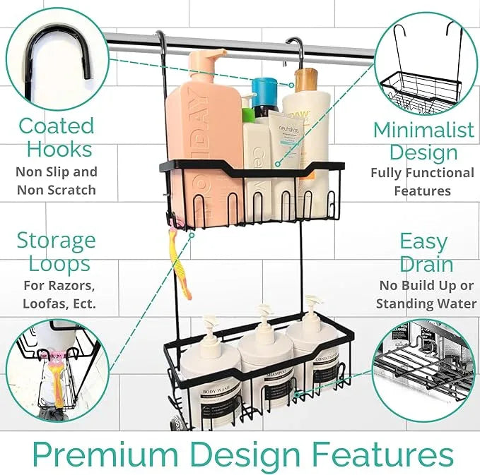 Black Shower Caddy Hanging - Rust-Proof 304 Stainless Steel Shower Caddy with Rotatable Hooks and Adhesives - Ideal for Bathroom Essentials - Convenient for Bathroom Toiletries - ModernBath