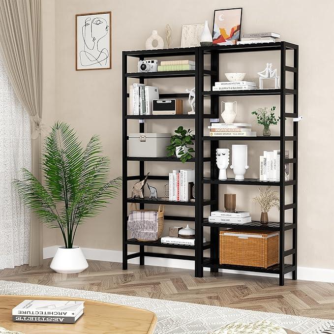 Homykic 6-Tier Bamboo Bookshelves and Bookcases, Adjustable 63.4”Tall Shallow Book Shelf Organizer Rack, Freestanding Storage Shelving Unit for Living Room, Kitchen, Bathroom, Office, Black - ModernBath