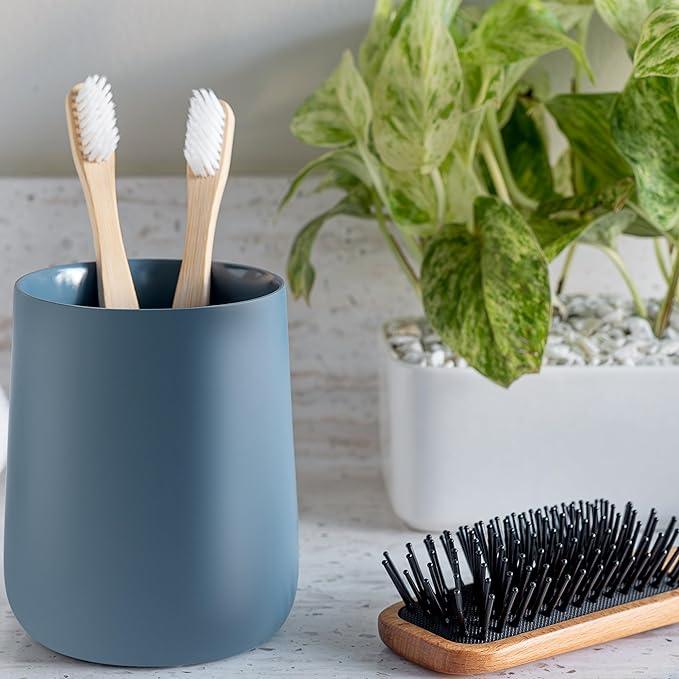 Yew Design Matte Blue Toothbrush and Toothpaste Holder and Cup for Bathroom Vanity and Countertop, Round Organizer for Electric Toothbrushes, Floss, Razors, Cotton, and Mouthwash - ModernBath
