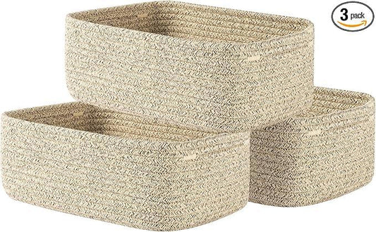 Small Woven Basket, 12 x 8 x 4.5 Inches, Storage Basket for Organizing, Cute Small Rope Shelf Closet Cube Storage Bins Baskets for Shelves, Dog Toy Gift Baskets Empty, 3 Packs, Mixed Brown - ModernBath