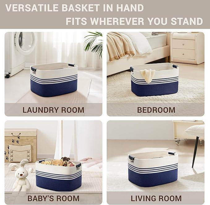 45L Small Laundry Basket with Leather Handles for Living Room Storage, Woven Rope Baskets Bin for Blanket, Kids Toy, Gifts, Wicker Hamper for Bedroom Dirty Clothes, 18"x14"x11" White Navy - ModernBath