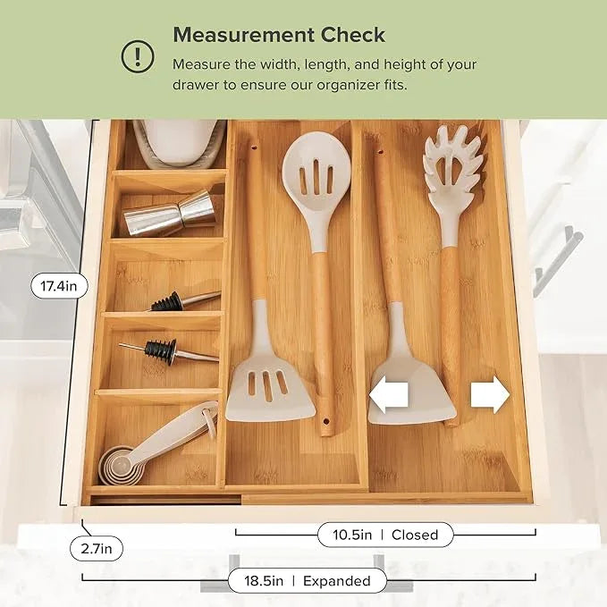 KitchenEdge Adjustable Kitchen Drawer Organizer for Utensils and Junk, Food-Safe Contract Grade with 100% Sustainable Wood, Expandable from 10.5 to 19 Inches Wide - Natural Bamboo - ModernBath