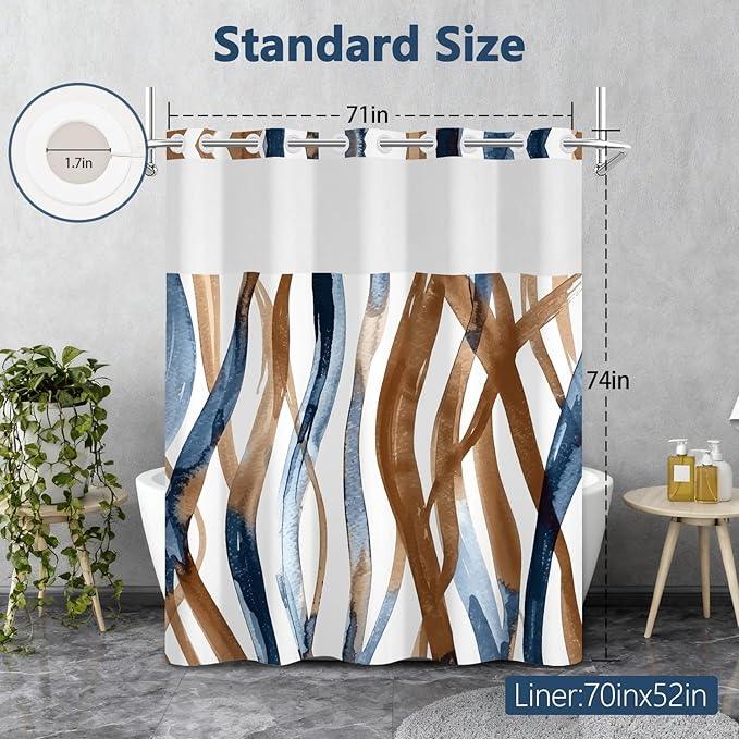 Blue and Brown Striped Shower Curtain and Liner Set, Hotel Luxury Waterproof Double Layers Fabric No Hook Shower Curtain, Modern Abstract Geometric Bathroom Curtains with Top Sheer Window, 71x74 Inch - ModernBath