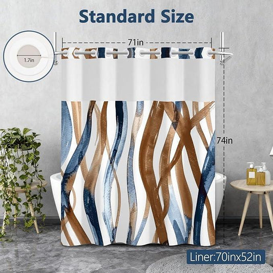 Blue and Brown Striped Shower Curtain and Liner Set, Hotel Luxury Waterproof Double Layers Fabric No Hook Shower Curtain, Modern Abstract Geometric Bathroom Curtains with Top Sheer Window, 71x74 Inch - ModernBath