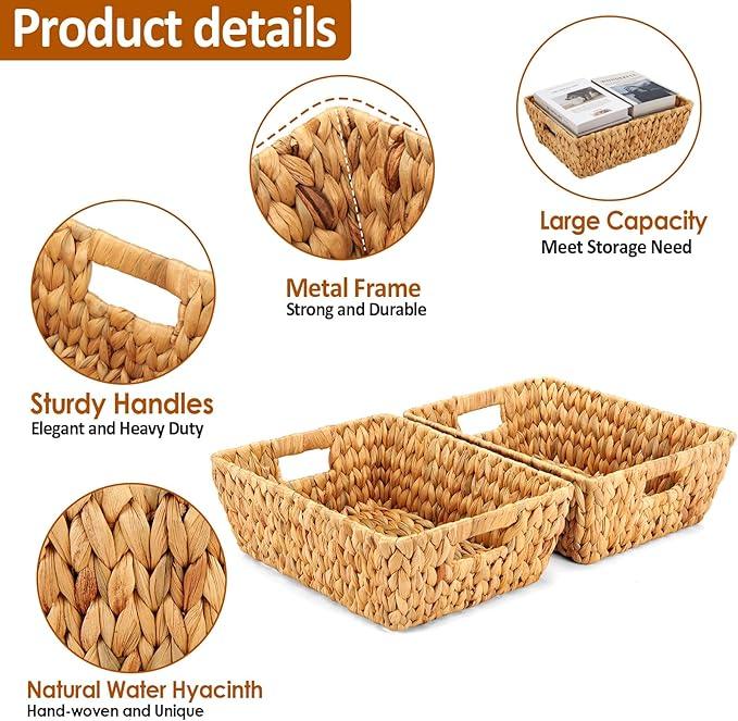 Wicker Baskets 2 Pack, Water Hyacinth Wicker Storage Basket with Handles for Organizing, Handmade Large Baskets, Natural - ModernBath