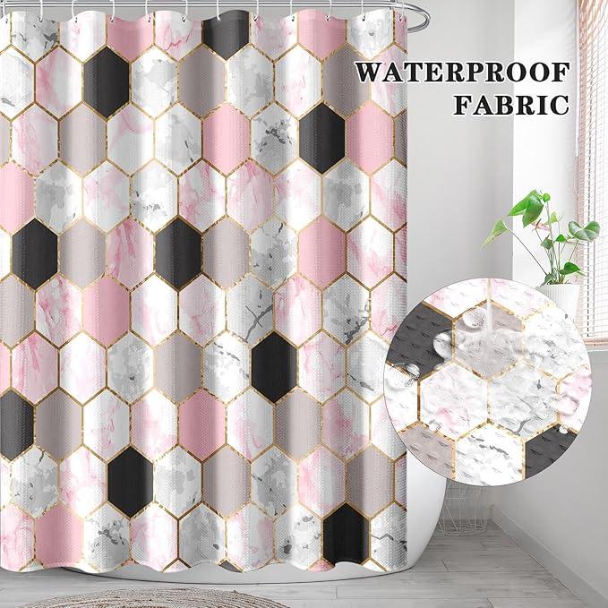 Culudea Geometric Gold Pink Shower Curtain Set, Gray Marble Vintage Bathroom Window Waterproof Shower Curtain Set for Bathroom Decor - ModernBath