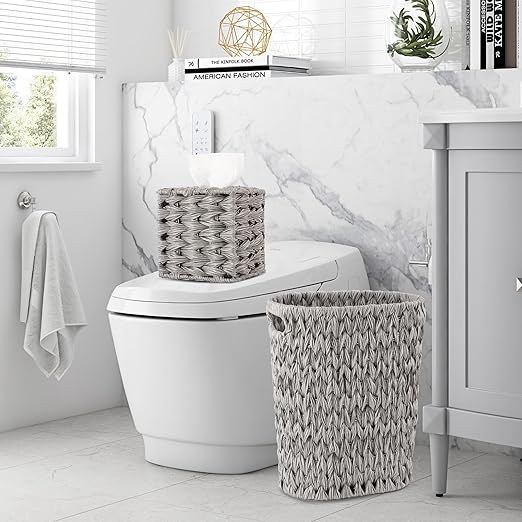 BSSN Wicker Trash Can & Square Tissue Box, Handwoven Waterproof Waste Basket with Handles, Wicker Home Set for Bedroom, Bathroom, Kitchen, Office, Balcony, Grey
