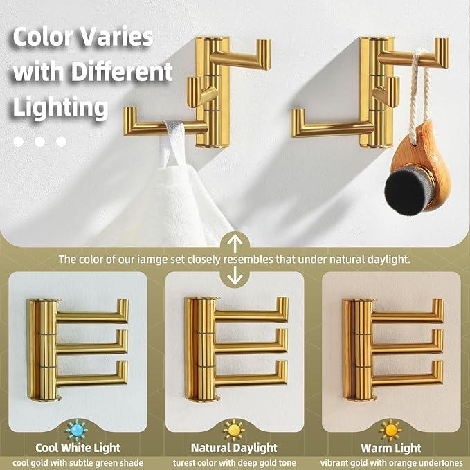 Angle Simple Towel Hooks Swivel, 304 Stainless Steel 3 Arms Foldable Hand Towel Holder, Coat Hooks, Brushed Dark Gold, 2 Pack - ModernBath