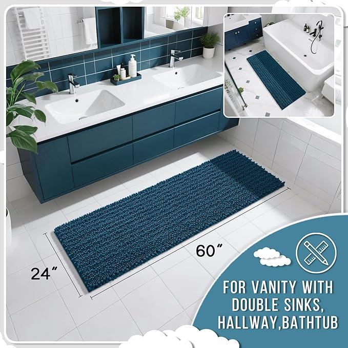 Yimobra Bathroom Runner Rug 60x24 Inch - Extra Long Non Slip Chenille Bath Mat, Soft & Absorbent, Machine Washable Shaggy Hallway Carpet for Vanity Tub Shower, Peacock Blue Home Decor Accessories - ModernBath
