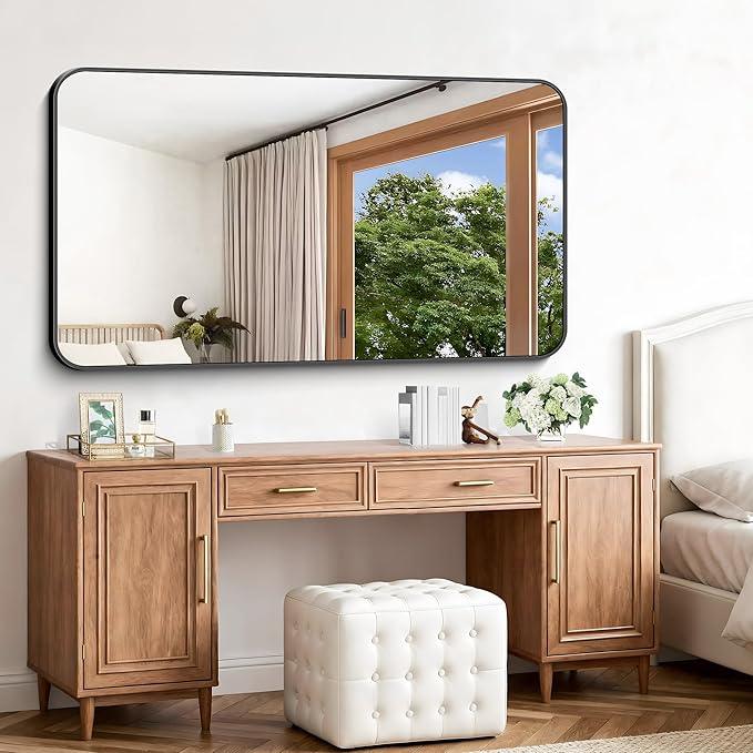 CIVENO Black Bathroom Mirror, 66x36 inch Aluminum Metal Frame Rectangular Vanity Mirror, Large Wall Mounted Rectangle Mirrors with Rounded Corner for Over Sink Bedroom Living Room Horizontal/Vertical - ModernBath