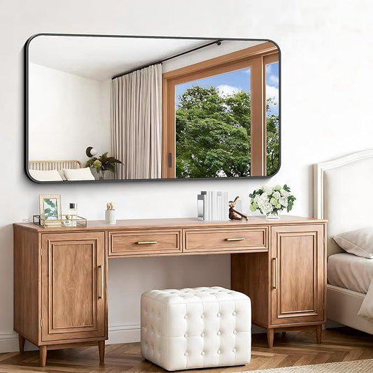 CIVENO Black Bathroom Mirror, 66x36 inch Aluminum Metal Frame Rectangular Vanity Mirror, Large Wall Mounted Rectangle Mirrors with Rounded Corner for Over Sink Bedroom Living Room Horizontal/Vertical - ModernBath