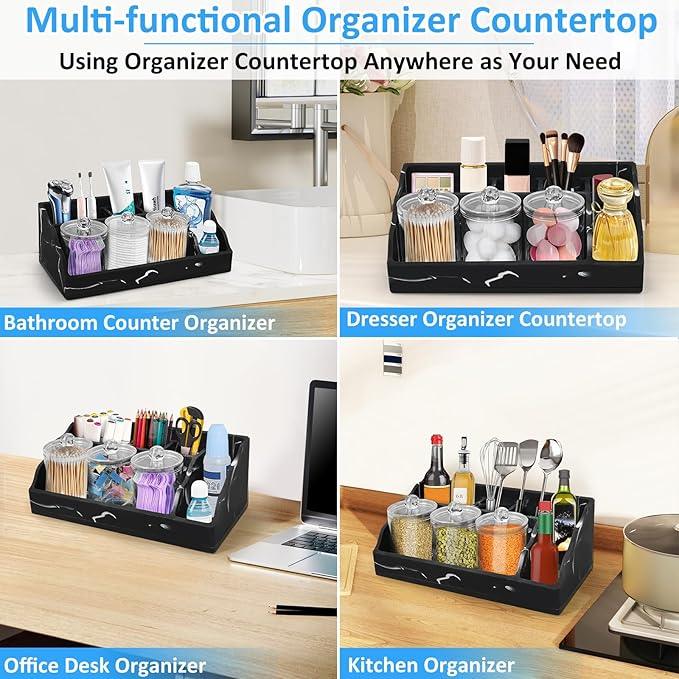 Marble Bathroom Countertop Organizer, Black Toothbrush Holders for Bathrooms Counter Organizer with 3PCS Qtip Dispenser, Toothbrush and Toothpaste Holder for Bathroom Organization Vanity Storage - ModernBath