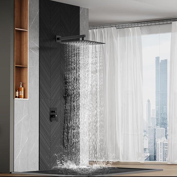 SR SUN RISE Matte Black Square Rainfall Shower Head and Handle Set, Wall Mounted Shower Fixtures, Metal Shower Faucet Trim Repair Kits (With Shower Valve) 16 Inches - ModernBath