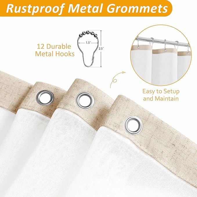 Naturoom Natural Linen Shower Curtain with Snap in Liner Set Rustic Farmhouse Shower Curtains for Bathroom 200GSM Textured Cream Burlap Cloth Double Bath Curtains with See Through Top Window 72x78 - ModernBath