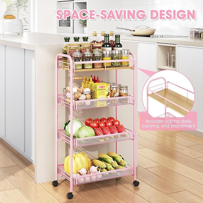 TOOLF 4-Tier Slim Rolling Cart, Metal Storage Cart with Wooden Tabletop and Mesh Baskets for Narrow Space on Kitchen Bathroom Laundry Room Bedroom Apartments Dormitory - ModernBath