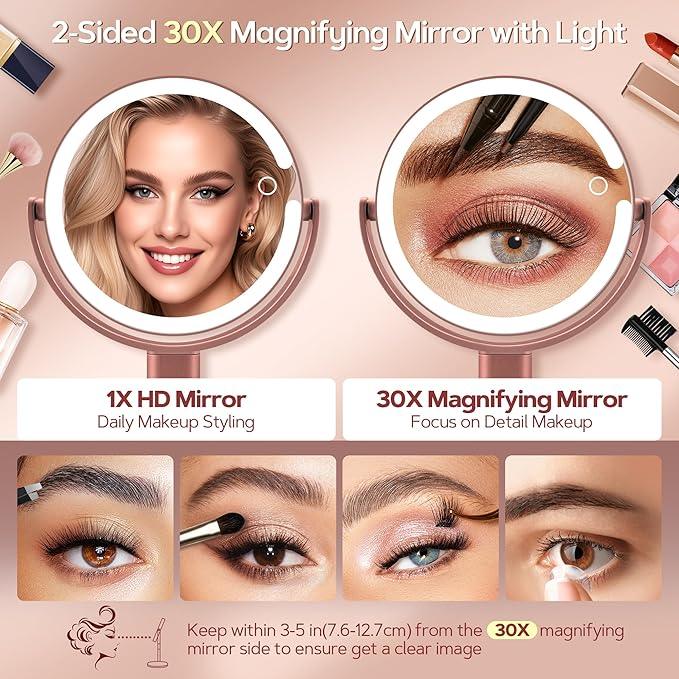 B Beauty Planet Makeup Mirror with Lights, Lighted Magnifying Mirror 30X with 3 Lighting and Adjustable Brightness, 2-Sided Height Adjustable Vanity Mirror for Bathroom, Gifts for Women Rose Gold - ModernBath