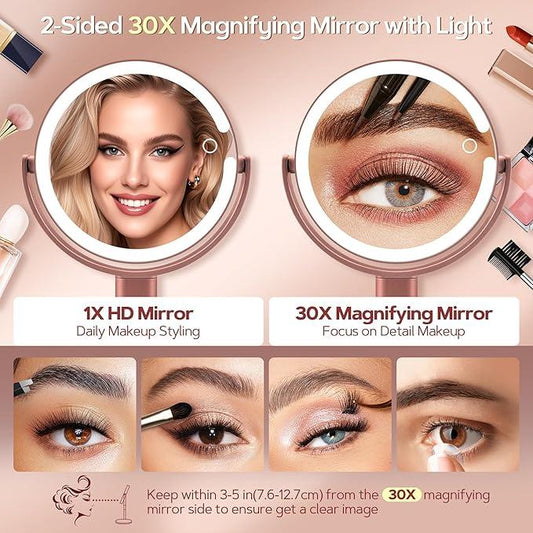 B Beauty Planet Makeup Mirror with Lights, Lighted Magnifying Mirror 30X with 3 Lighting and Adjustable Brightness, 2-Sided Height Adjustable Vanity Mirror for Bathroom, Gifts for Women Rose Gold - ModernBath