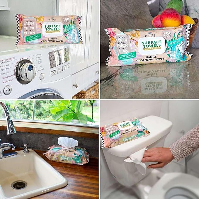 Juniper CLEAN 6 Packs Surface Cleaning Wipes, Thick & Large Dispose, All-Purpose Cleaner for Bathroom, Kitchen, Office, 600 Count Soft Flow, Biodegradable, White Soap Scent - ModernBath