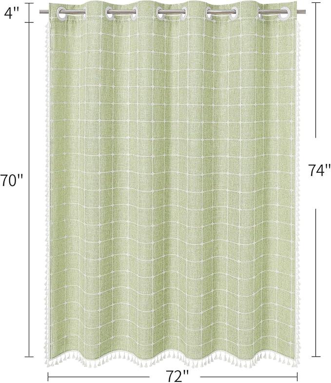 MitoVilla No Hooks Needed Boho Farmhouse Shower Curtain with Snap-in Liner, Cotton Linen Fabric Shower Curtains with Tassels for Rustic Neutral Bathroom Decor, Sage Green, 72 x 74 - ModernBath