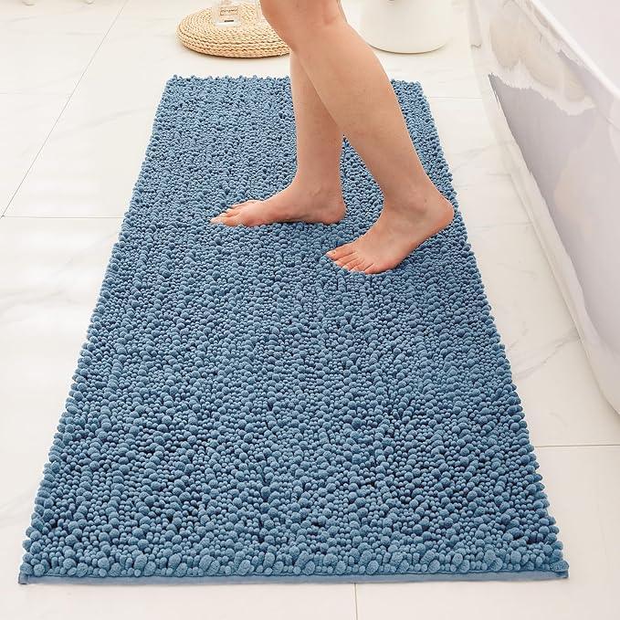 Ruggnovea Chenille Bathroom Rugs Non Slip Washable 70x24, Extra Thick Soft Absorbent Chenille Bath Mat, Non-Slip Barrier Backing, Quick Dry Machine Washable Bath Mats Tub, Shower,Floor/Sink,Blue - ModernBath